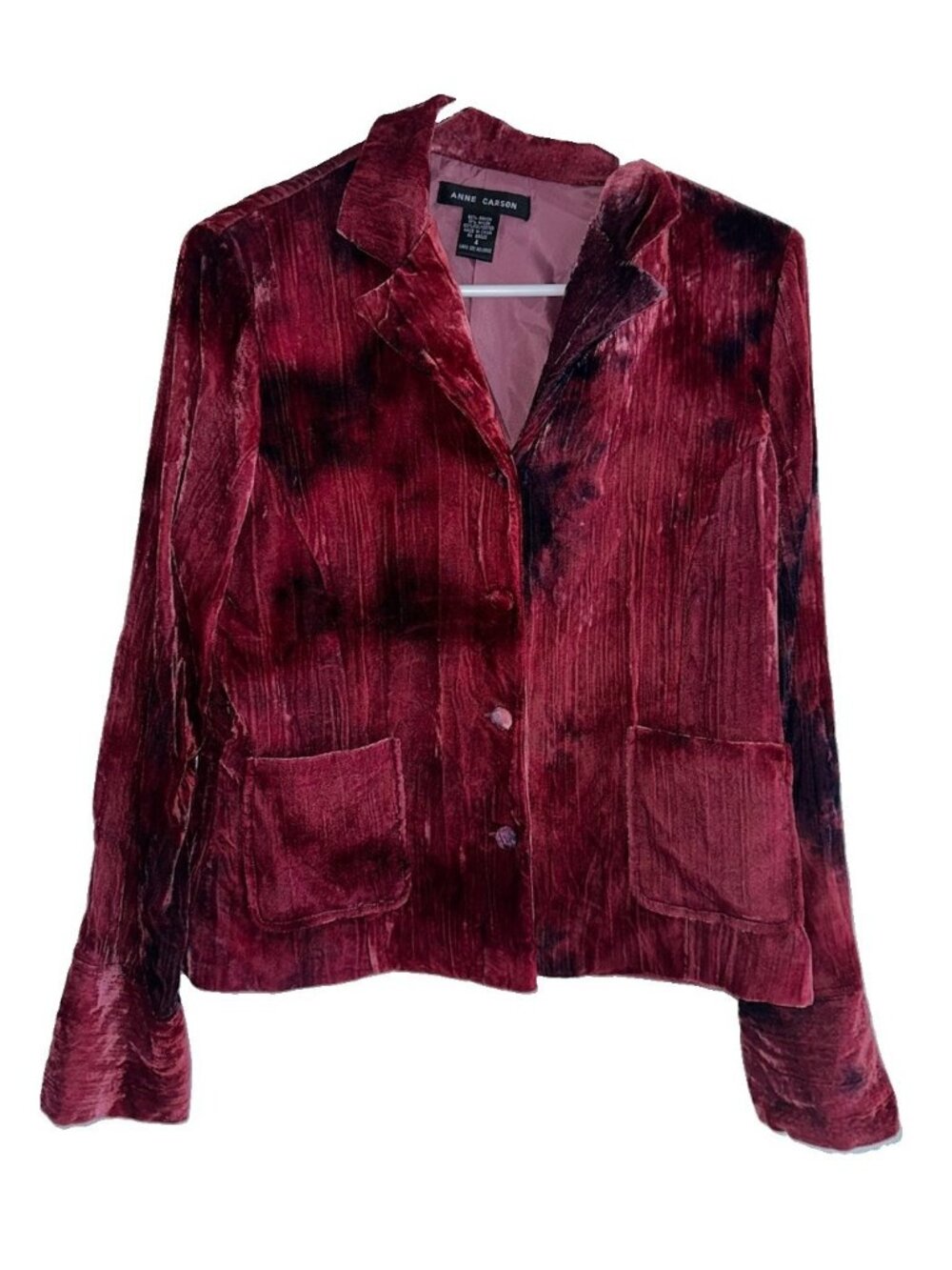 Anne Carson Womens Crushed Velvet Blazer Sz 4 Burgundy Tie Dye Whimsygoth